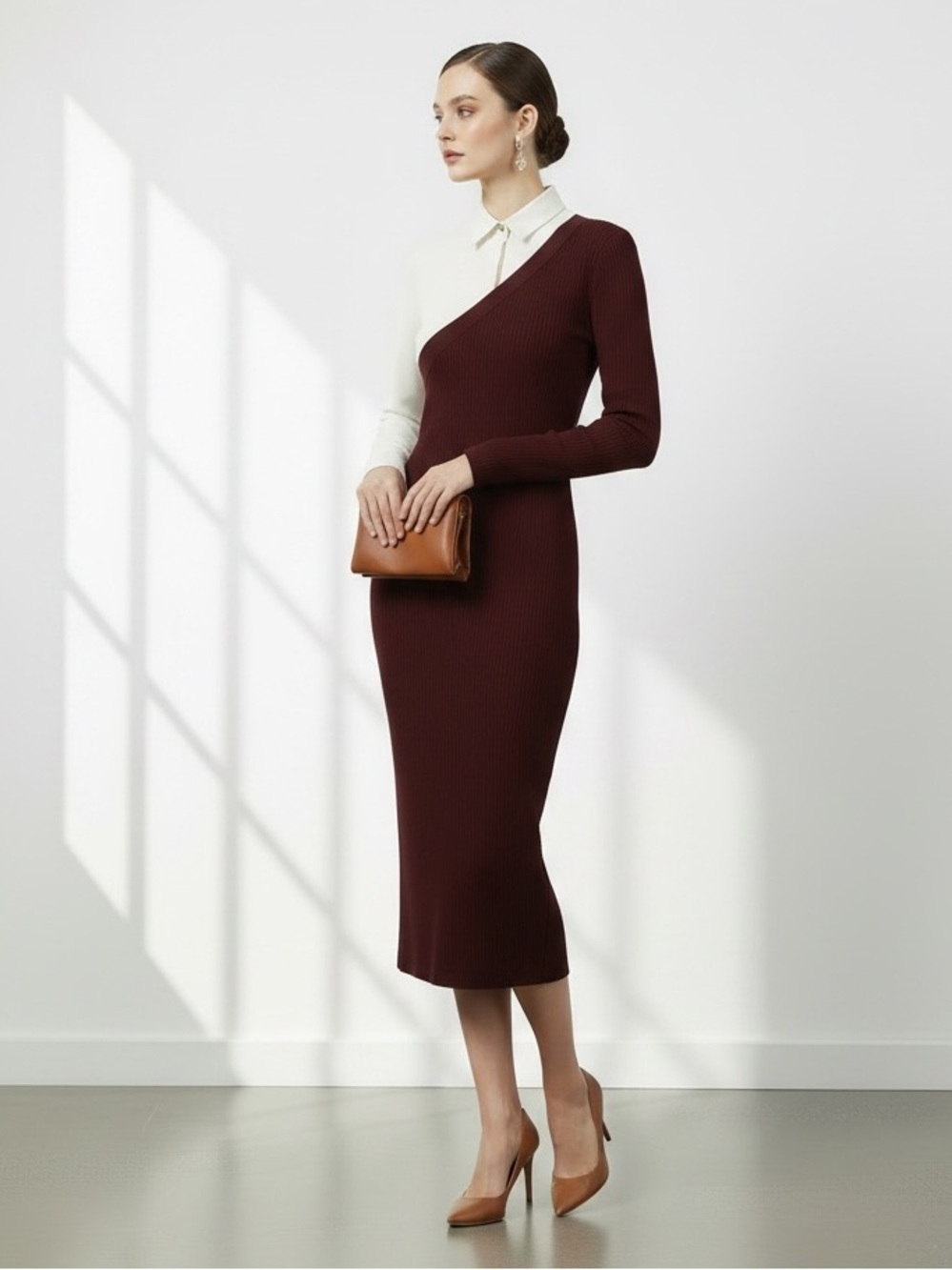 1579 • Burgundy & Ivory Mixed Media Asymmetric Layered Look Knit Dress